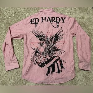 Vintage/Y2k Ed Hardy pink long sleeve button up shirt, size L
